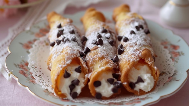 Imagine perfectly crafted Cannoli their crispy golden shells filled with sweet creamy ricotta dotted with chocolate chips and candied orange peel