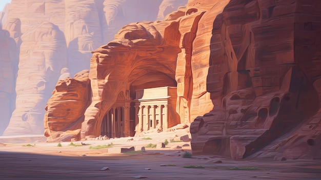 ペトラ ジョーダンの劇的な岩を切り取った砂漠の建築を想像してください。生成 AI テクノロジーで作成されました。