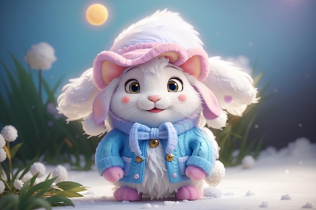 픽사 스타일의 아주 귀여운 아기 토끼의 컬러 사진을 상상해보세요. 행복하고 어리석은 표정으로  요정과 비슷합니다.