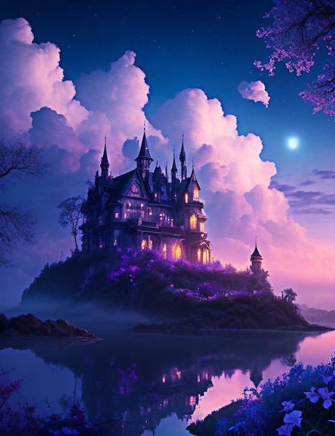 imagine prompt An enchanting twilight setting with haunted houses floating on clouds amidst a fant