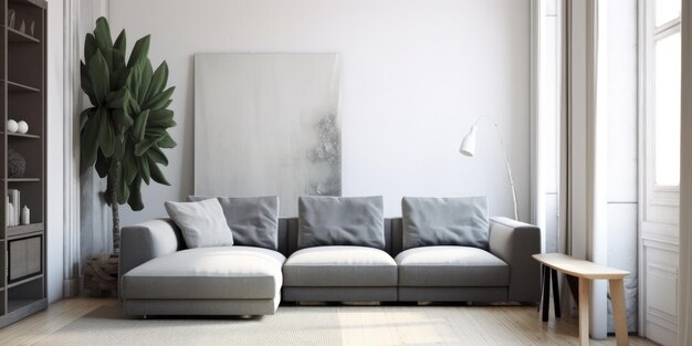 Photo imagine prompt living room with white walls and a gray couch aiga