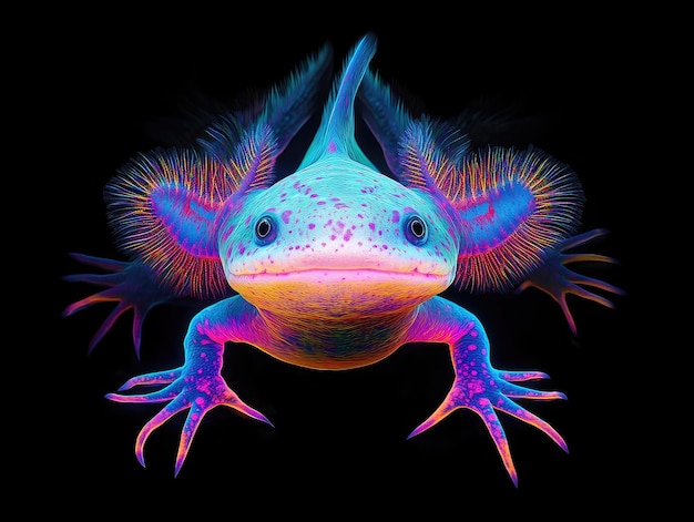 Imagine a realistic Algorithmic Art piece featuring a balanced symmetrical Axolotl outlined with a p