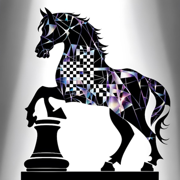 Foto immaginate un pezzo di scacchi di cavaliere reimaginato su un cavallo raffigurato in una vista di profilo rivolto verso la cucitura destra