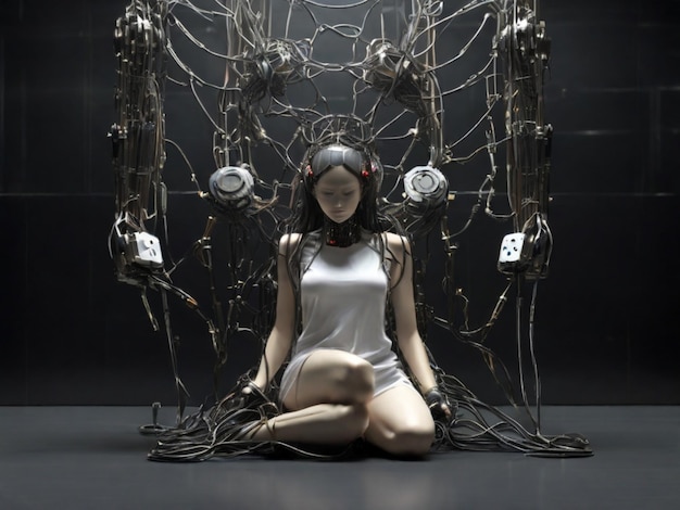 Photo imagine a scene where individuals are physically tethered to machines symbolizing the entrapment of