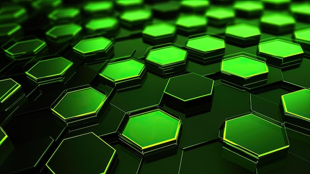 Представьте себе фон с неоново-зелеными шестиугольниками, расположенными в виде сетки с 3D-эффектом и