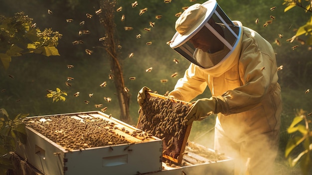 Imker verzamelt honing Het proces van het verzamelen van honing in de bijenstal