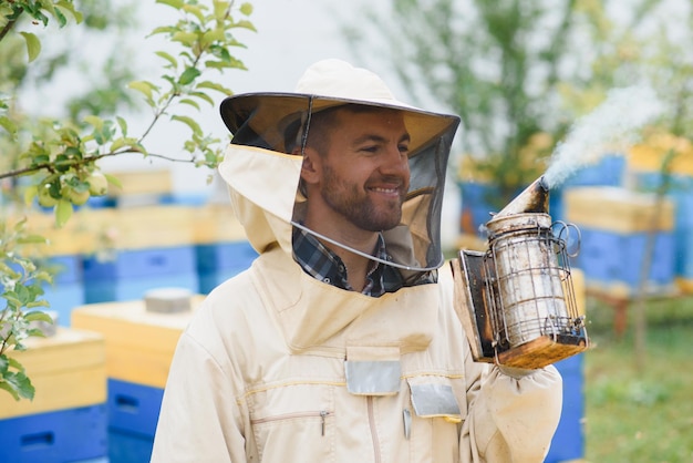 Imker werkt met bijen en bijenkorven aan bijenstal Bijen aan honingraat Frames van bijenkorf Bijenteelt Honing Gezonde voeding Natuurlijke producten