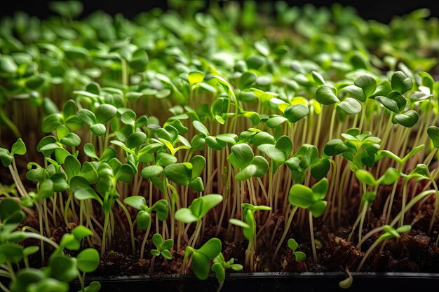 Foto un verde vegetale immaturo è noto come microgreen i microgreens spesso noti come germogli in scatole di plastica sono verdure fresche viventi che derivano da semi di piante biologiche di prima qualità verdure ad alto contenuto di fibre