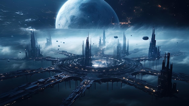 Immense Station Surrounded by Celestial Structures Imparts a Floating City Aesthetic