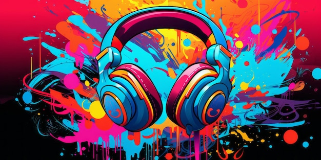 Immerse in music vibes with stylish headphones on a lively pop art canvas Generative AI