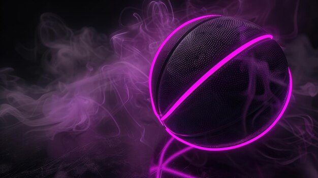 Immerse in the striking image of a black basketball surrounded by bright neon lines