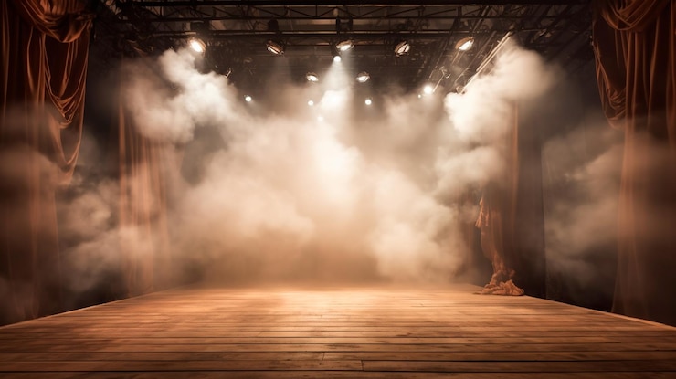 Photo immerse yourself in an ethereal world empty dark stage transformed with mist fog and brown spotlights perfect for showcasing artistic works and products generative ai