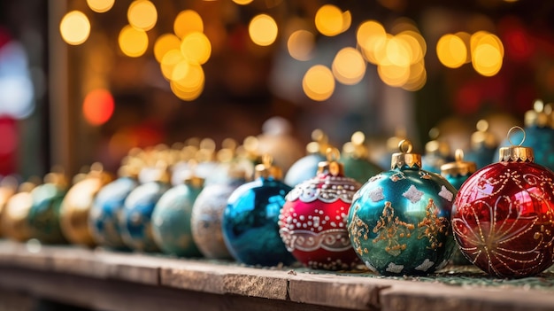 Immerse yourself in the festive atmosphere with this colorful closeup shot of the Christmas market Explore the intricate details of holiday ornament balls for sale