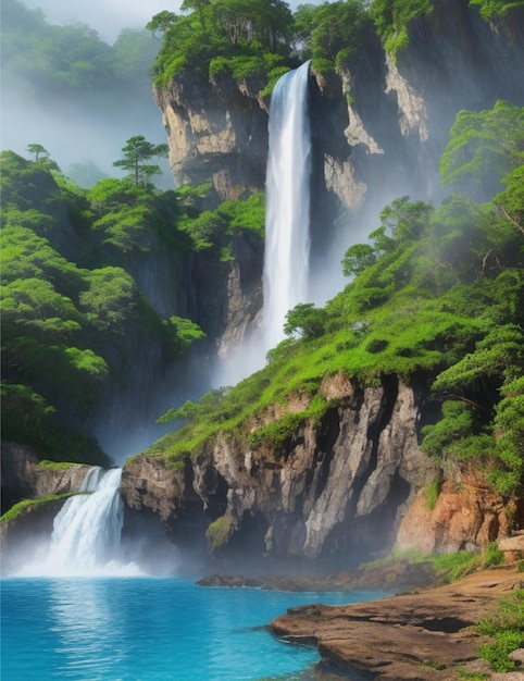 Погрузитесь в великолепие величественного водопада, спускающегося с скалистых скал в бассейн