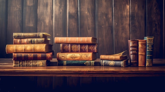 Immerse Yourself in Knowledge A Collection of Books on a Rustic Table Against a Wooden Wall GenerativeAI