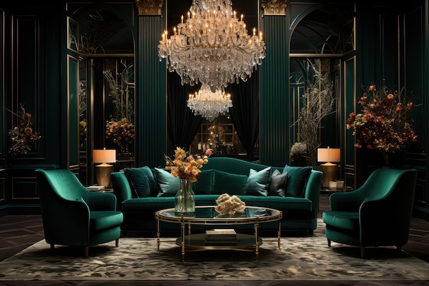 Immerse yourself in luxury with a sumptuous emeraldgreen velvet sofa accompanied by goldaccented side tables and a crystal chandelier ar 32 v 52 Job ID c1567ca68fba4967abd34dbe74c3b6fc