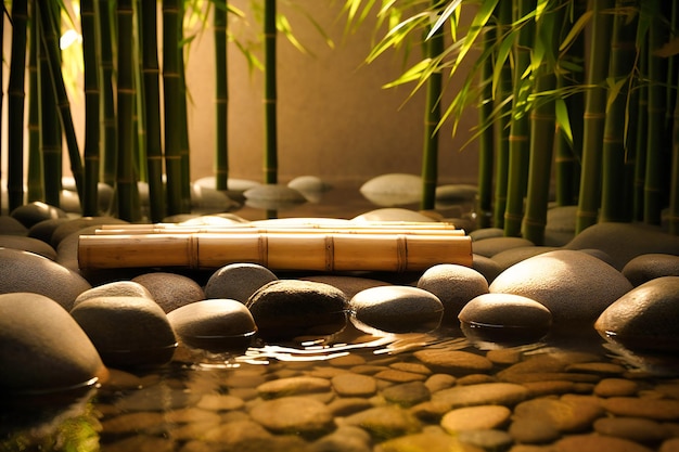 Immerse yourself in a peaceful wellness spa surrounded by the soothing presence of bamboo and stones