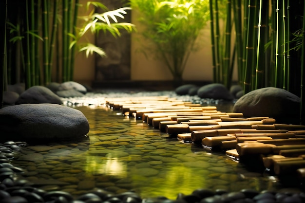 Immerse yourself in a peaceful wellness spa surrounded by the soothing presence of bamboo and stones