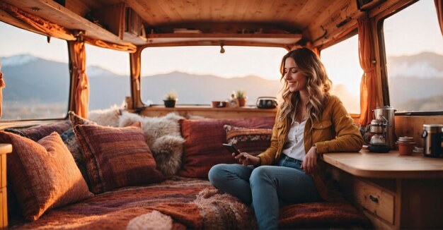 Photo immerse yourself in the van life experience as a young woman a digital nomad embraces remote work