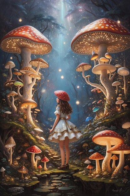 Immerse yourself in a world of fantastical fungi where towering mushrooms and sparkling fairy lights create a surreal landscape captured in a stunning oil painting