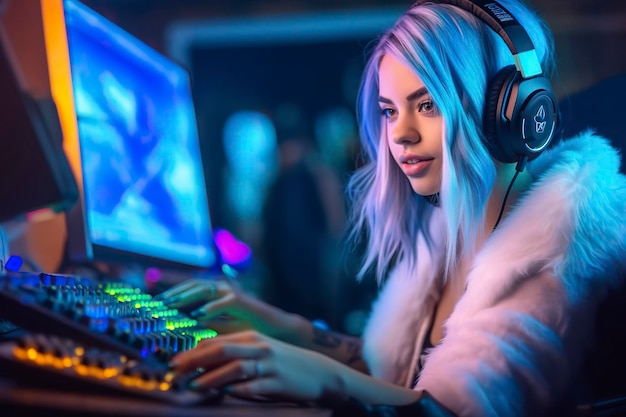 Immerse yourself in the world of gaming with a young gamer girl surrounded by neon lights AI Generated