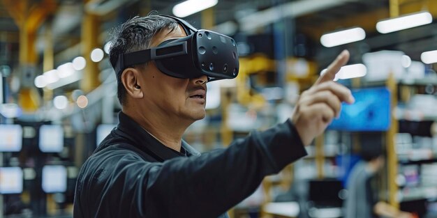 インダストリアル・セッティングのぎの中でVRヘッドセットを身に着けている男性