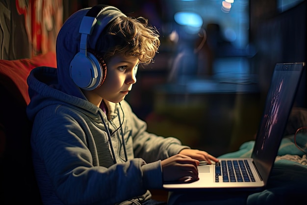 Immersed in Sounds and Screens Capturing a Photo of a Boy Engrossed in Online Videos with Headphone