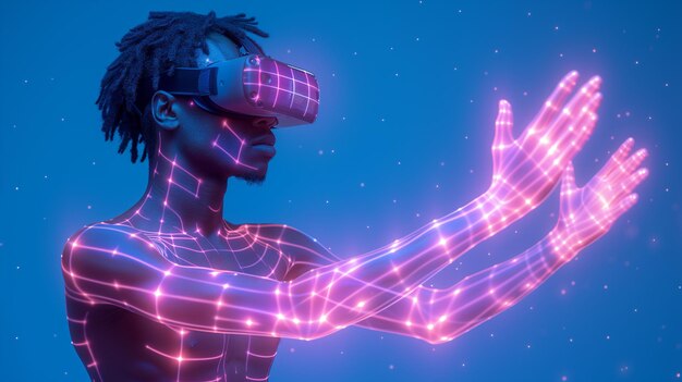 Immersed in VR black guy interacts with digital elements in neon ambiance