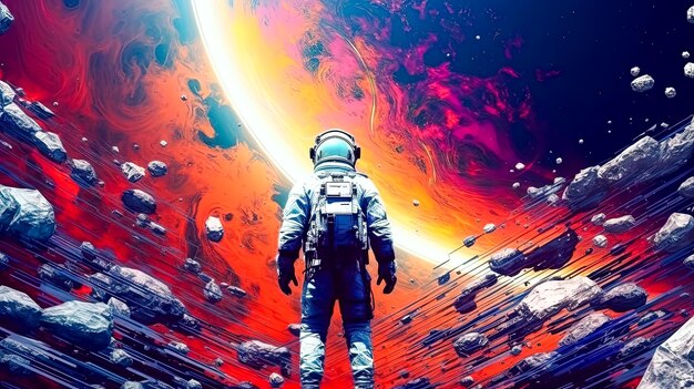 宇宙の素晴らしさに没頭した宇宙飛行士は外来の世界に畏敬の念を抱いて立ち頭上にある巨大な巻き銀河を見上げています