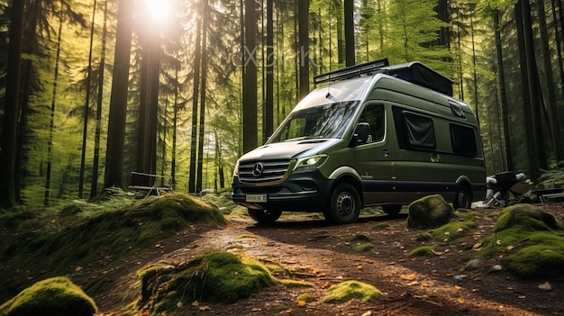 Immersing in nature's splendor a modern camping van at the majestic forest in gorgeous 169 aspec