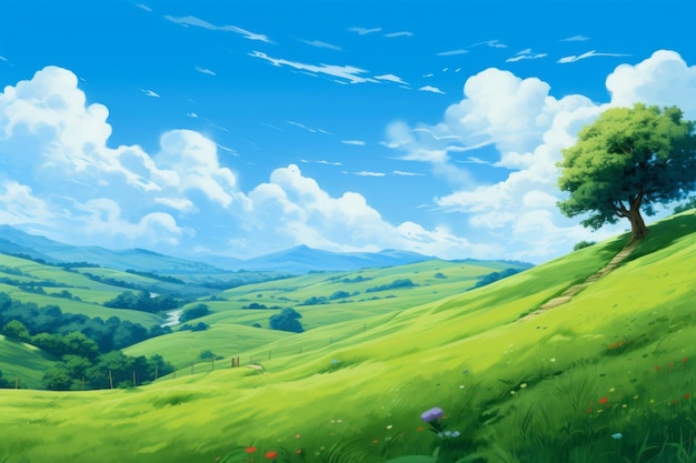 Immersing in the serenity a vibrant 32 landscape with green hillside blue sky and clean painting