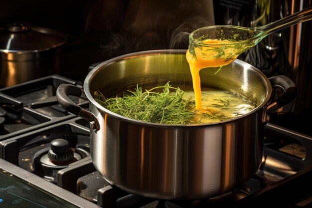 Immersion blender blending soup in pot