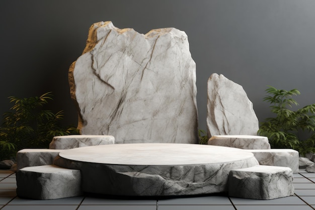 Immersive 3d rendering broken stone slabs and textured blocks transform product setting podium