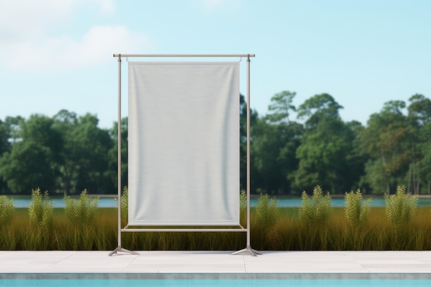 Immersive 3d rendering lifelike mockup of a metalframed blank fabric banner advertising stand o