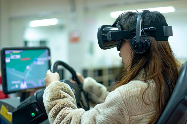 写真 運転学校で若い女性のためのインマーシブドライビングレッスン 仮想現実トレーニング