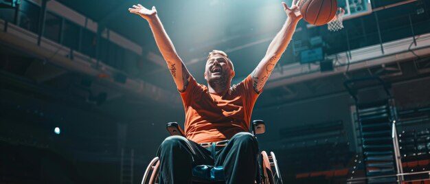 Photo in the immersive dutch angle a wheelchair basketball player celebrates his perfect goal with raised hands after making a successful shot showing the skill of a winning person with a disability