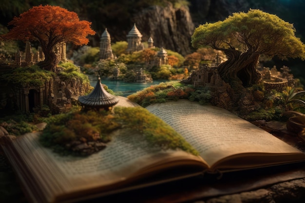 Photo immersive fantasy adventure meticulously detailed enchanted book's landscape