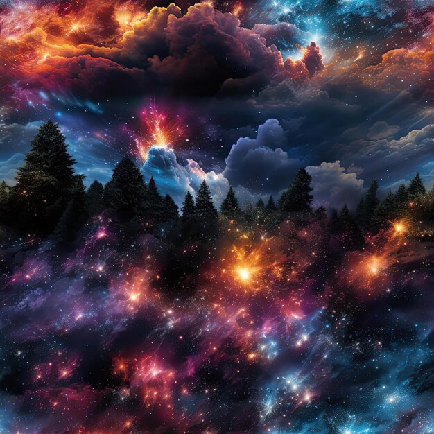 Immersive galaxy wallpapers featuring ethereal trees and atmospheric clouds tiled