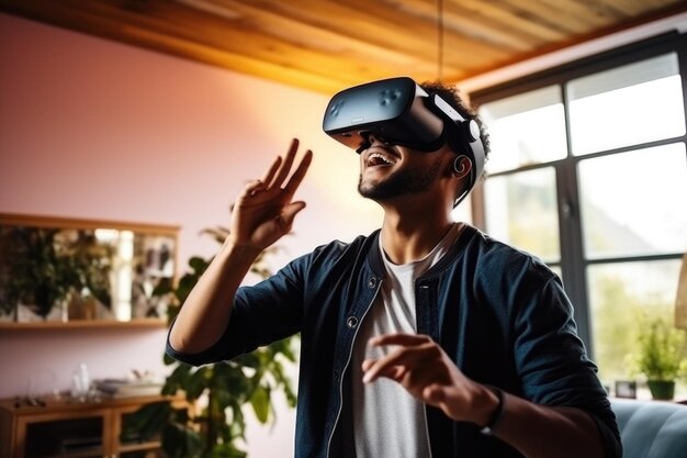 Immersive Gaming Experience Energetic Man Explores Virtual Reality Adventures