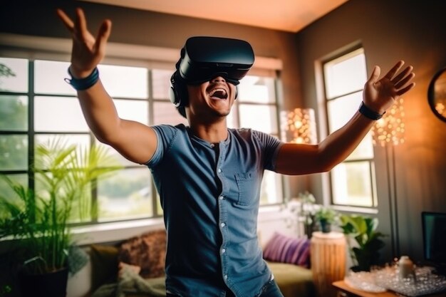 Immersive Gaming Experience Energetic Man Explores Virtual Reality Adventures