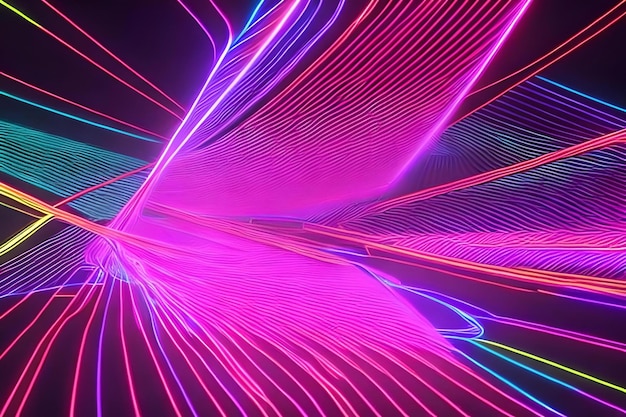 An immersive neon light abstract background with glowing lines and shapes suspended in a dark void e.