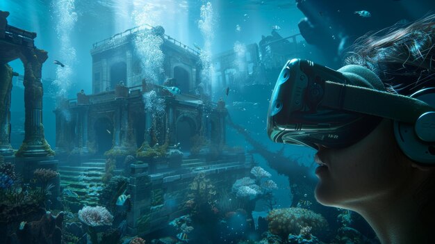 Foto esplorazione immersiva del mondo sottomarino in realtà virtuale