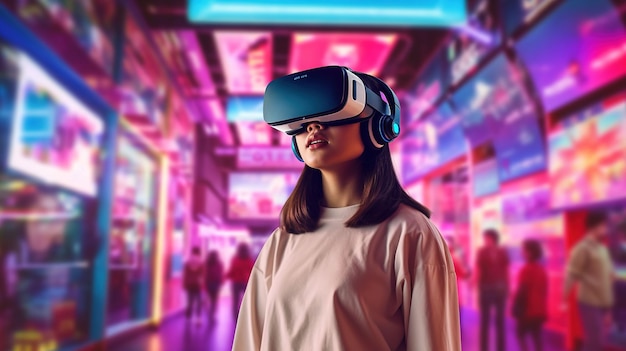Погружение в виртуальную реальность Азиатская девушка в ярком игровом центре с гарнитурой VR
