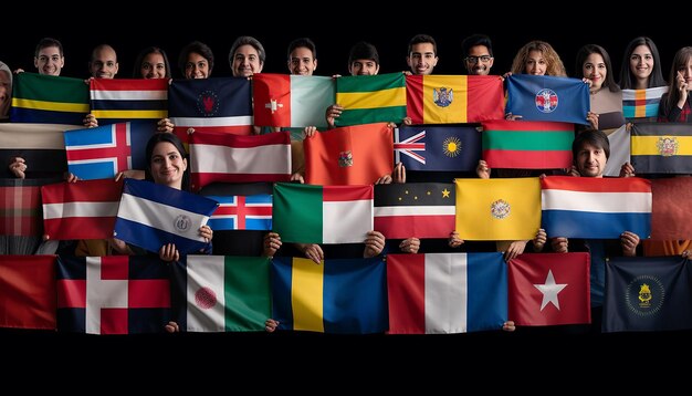 Foto immigratie internationale vlaggen van elk land met immigranten die vlaggen houden