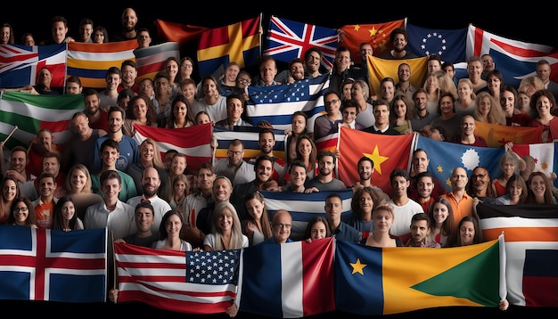 иммиграционные международные флаги из каждой страны с иммигрантами, держащими флаги