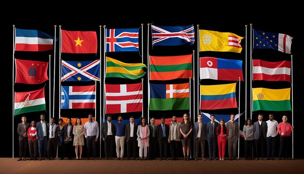 Photo immigration international flags from every country with immigrants holding flags