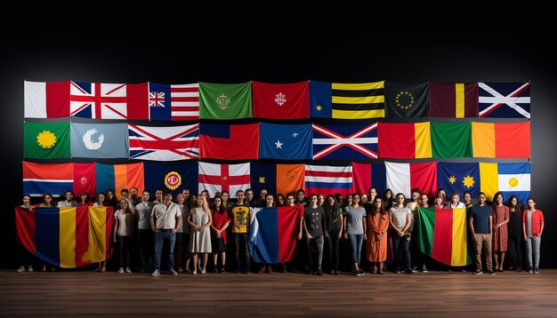 Foto bandiere internazionali di immigrazione da ogni paese con immigrati che tengono bandiere