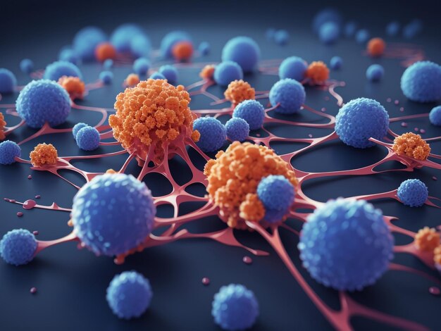 Immune system harmony 3d illustration of proteins with t lymphocytes version 0