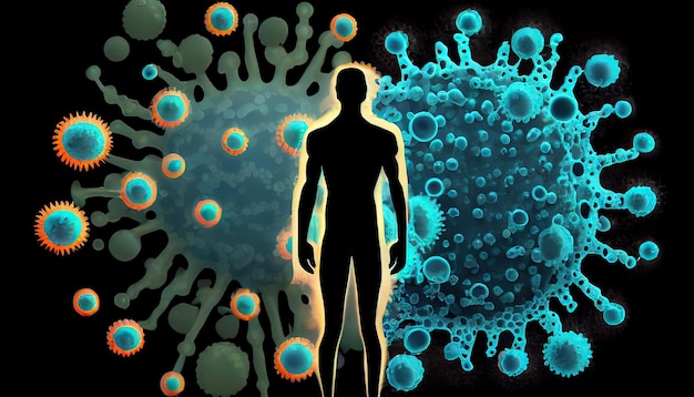 Immune system protection against viruses and bacteria near person silhouette