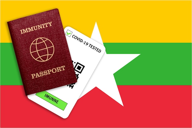 Immuniteitspaspoort voor reizen na een pandemie en testresultaat voor covid op vlag van myanmar